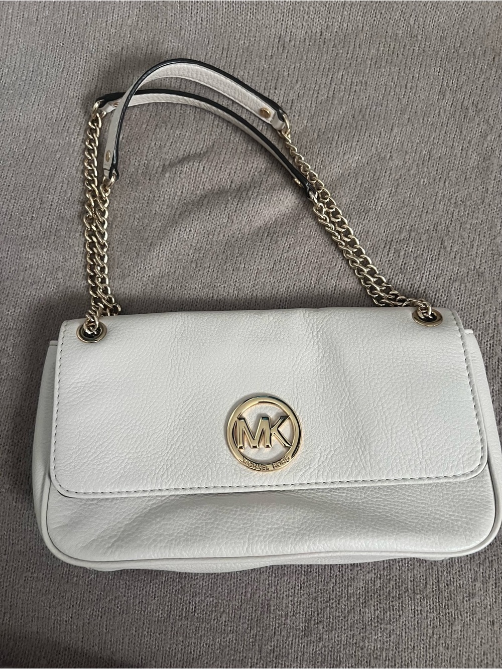 Michael Kors White Leather Shoulder Bag with Gold-Tone MK Emblem